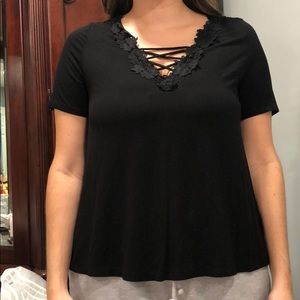 Topshop black t-shirt v neck with lace collar